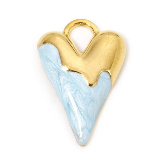Picture of 1 Piece Vacuum Plating 304 Stainless Steel Valentine's Day Charms Gold Plated Light Blue Heart Enamel 25.5mm x 17mm