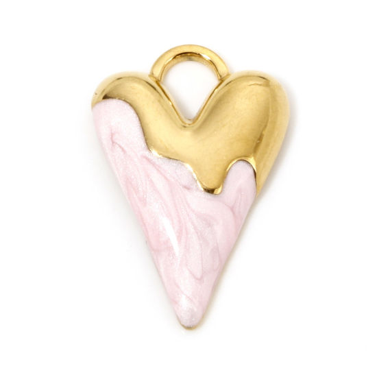 Picture of 1 Piece Vacuum Plating 304 Stainless Steel Valentine's Day Charms Gold Plated Pink Heart Enamel 25.5mm x 17mm