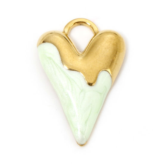 Picture of 1 Piece Vacuum Plating 304 Stainless Steel Valentine's Day Charms Gold Plated Light Green Heart Enamel 25.5mm x 17mm