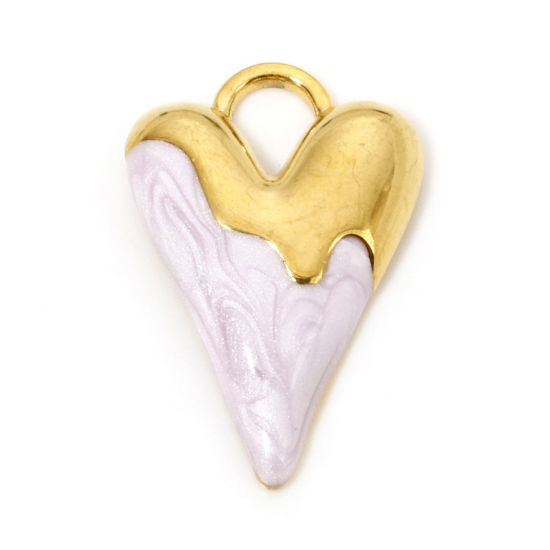 Picture of 1 Piece Vacuum Plating 304 Stainless Steel Valentine's Day Charms Gold Plated Pale Lilac Heart Enamel 25.5mm x 17mm