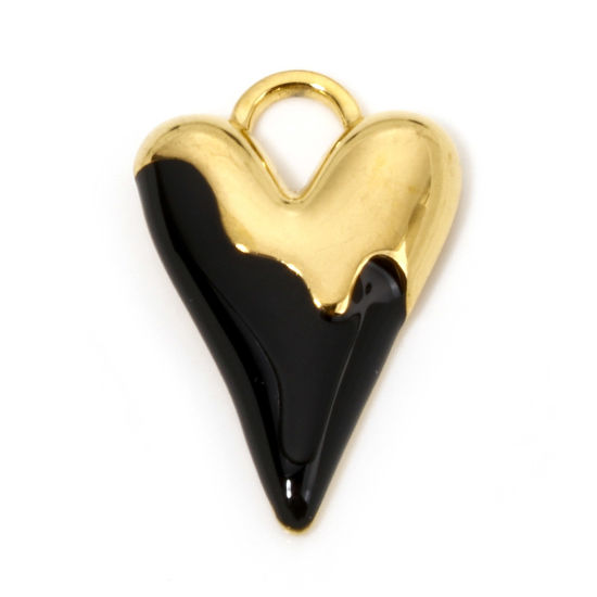 Picture of 1 Piece Vacuum Plating 304 Stainless Steel Valentine's Day Charms Gold Plated Black Heart Enamel 25.5mm x 17mm