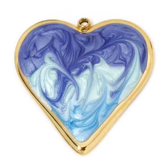 Picture of 1 Piece Vacuum Plating 304 Stainless Steel Valentine's Day Pendants Gold Plated Blue Gradient Color Heart Enamel 31.5mm x 29.5mm