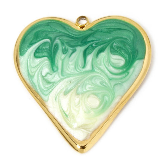 Picture of 1 Piece Vacuum Plating 304 Stainless Steel Valentine's Day Pendants Gold Plated Green Gradient Color Heart Enamel 31.5mm x 29.5mm