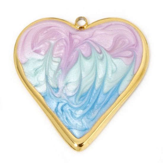 Picture of 1 Piece Vacuum Plating 304 Stainless Steel Valentine's Day Pendants Gold Plated Pink & Lightblue Gradient Color Heart Enamel 31.5mm x 29.5mm