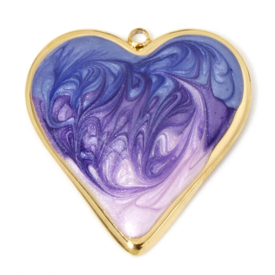 Picture of 1 Piece Vacuum Plating 304 Stainless Steel Valentine's Day Pendants Gold Plated Blue & Pink Gradient Color Heart Enamel 31.5mm x 29.5mm