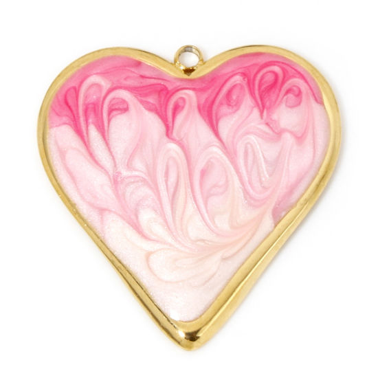 Picture of 1 Piece Vacuum Plating 304 Stainless Steel Valentine's Day Pendants Gold Plated Hot Pink Gradient Color Heart Enamel 31.5mm x 29.5mm