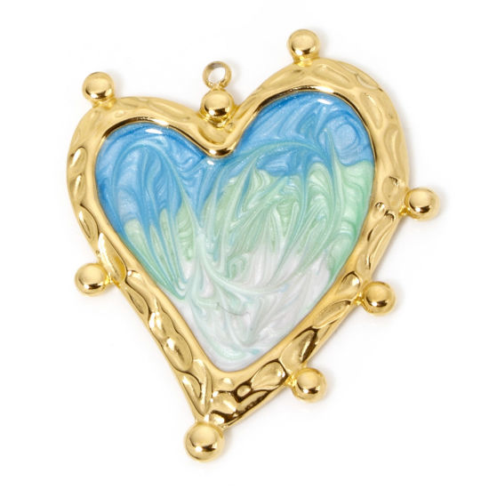 Picture of 1 Piece Vacuum Plating 304 Stainless Steel Valentine's Day Pendants Gold Plated Blue & Green Gradient Color Heart Enamel 31.5mm x 29.5mm