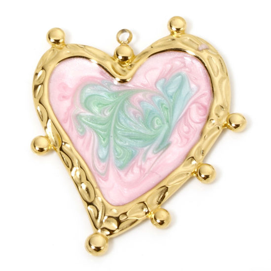 Picture of 1 Piece Vacuum Plating 304 Stainless Steel Valentine's Day Pendants Gold Plated Pink & Green Gradient Color Heart Enamel 31.5mm x 29.5mm