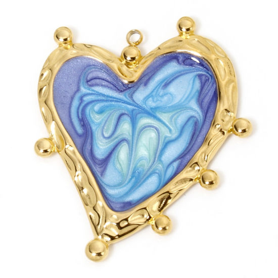 Picture of 1 Piece Vacuum Plating 304 Stainless Steel Valentine's Day Pendants Gold Plated Blue Violet Gradient Color Heart Enamel 31.5mm x 29.5mm