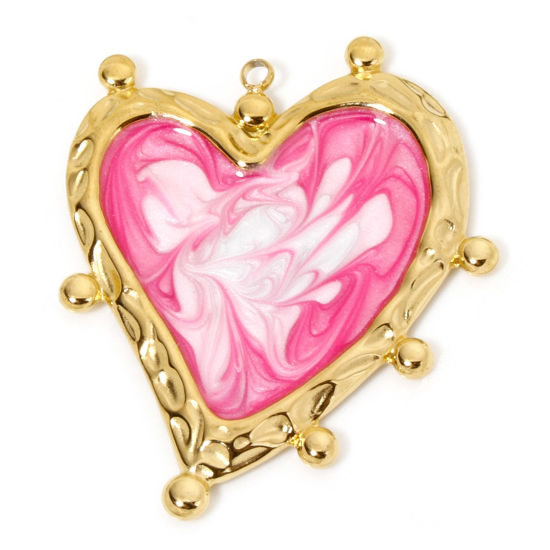 Picture of 1 Piece Vacuum Plating 304 Stainless Steel Valentine's Day Pendants Gold Plated Hot Pink Gradient Color Heart Enamel 31.5mm x 29.5mm