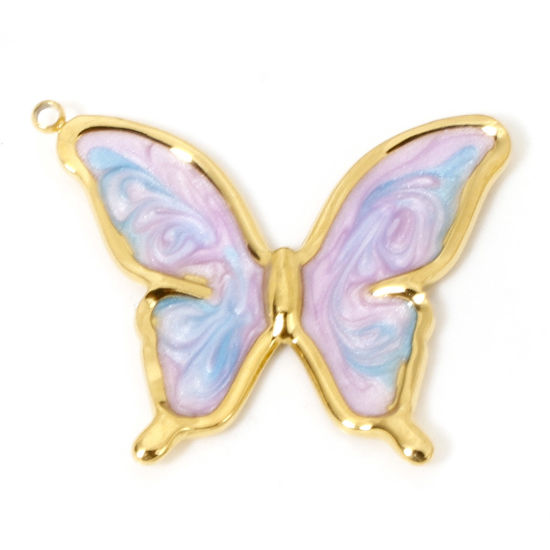 Picture of 1 Piece Vacuum Plating 304 Stainless Steel Retro Pendants Gold Plated Purple & Blue Gradient Color Butterfly Animal Enamel 33.5mm x 26mm