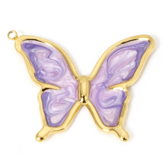 Picture of 1 Piece Vacuum Plating 304 Stainless Steel Retro Pendants Gold Plated Purple Gradient Color Butterfly Animal Enamel 33.5mm x 26mm