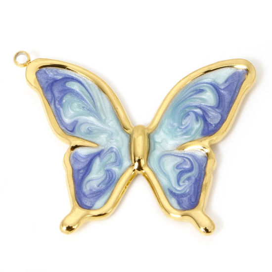 Picture of 1 Piece Vacuum Plating 304 Stainless Steel Retro Pendants Gold Plated Blue Gradient Color Butterfly Animal Enamel 33.5mm x 26mm