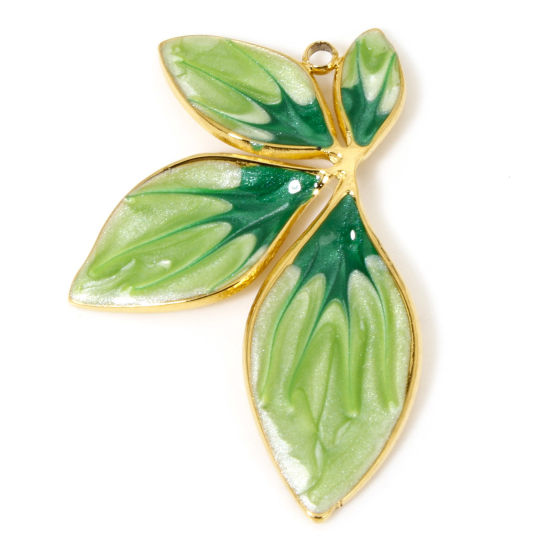 Picture of 1 Piece Vacuum Plating 304 Stainless Steel Retro Pendants Gold Plated Green Gradient Color Leaf Enamel 34.5mm x 23mm