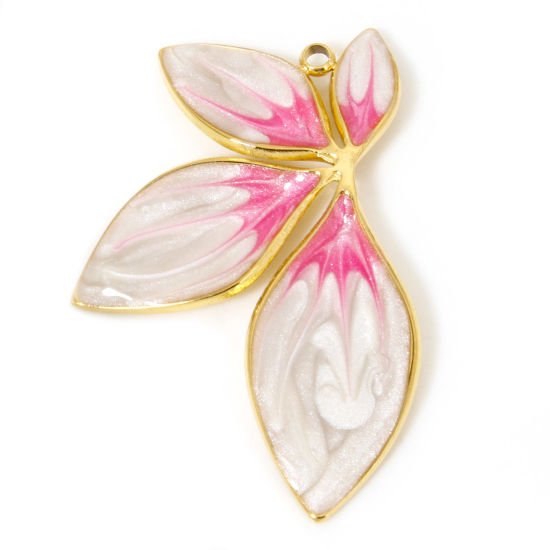 Picture of 1 Piece Vacuum Plating 304 Stainless Steel Retro Pendants Gold Plated White & Pink Gradient Color Leaf Enamel 34.5mm x 23mm