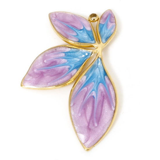 Picture of 1 Piece Vacuum Plating 304 Stainless Steel Retro Pendants Gold Plated Purple & Blue Gradient Color Leaf Enamel 34.5mm x 23mm