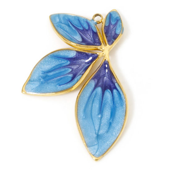 Picture of 1 Piece Vacuum Plating 304 Stainless Steel Retro Pendants Gold Plated Blue Gradient Color Leaf Enamel 34.5mm x 23mm