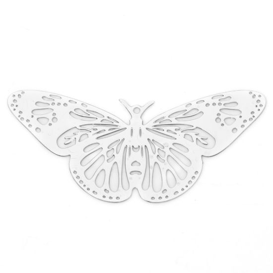 Picture of 10 PCs Iron Based Alloy Filigree Stamping Pendants Silver Tone Butterfly Animal Hollow 4.8cm x 2.3cm