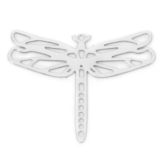 Picture of 10 PCs Iron Based Alloy Filigree Stamping Charms Silver Tone Dragonfly Animal Hollow 29mm x 23mm