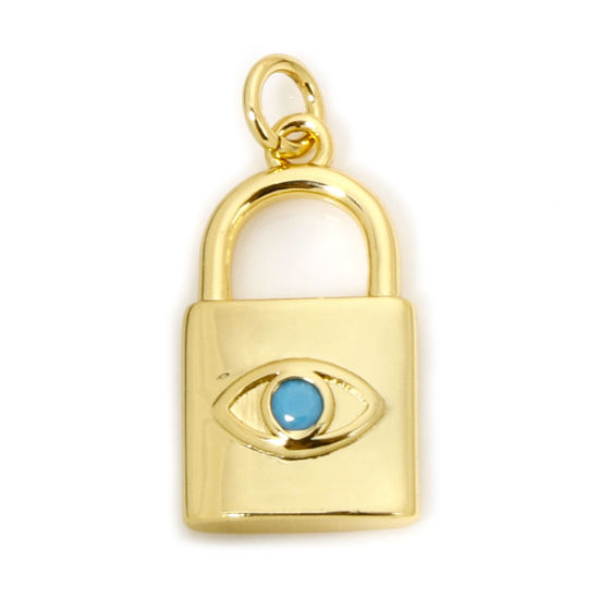 Image de 1 Pièce Breloques en Laiton Respectueux de la Nature Serrure Plaqué Or Véritable 18K à Zircone Cubique Bleu 18mm x 9mm