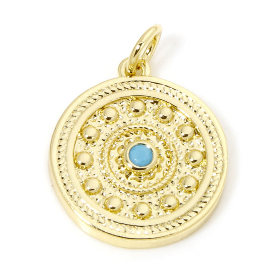 Image de 1 Pièce Breloques en Laiton Respectueux de la Nature Rond Plaqué Or Véritable 18K Motif Sculpté à Zircone Cubique Bleu 20mm x 15mm