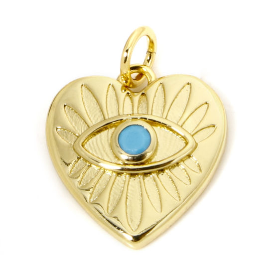 Image de 1 Pièce Breloques Religieux en Laiton Respectueux de la Nature Cœur Plaqué Or Véritable 18K Oeil de la Providence/ Oeil Qui Voit Tout à Zircone Cubique Bleu 19mm x 14mm