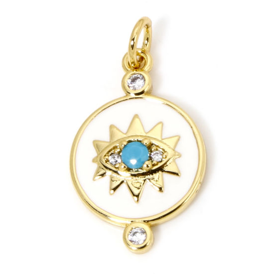 Image de 1 Pièce Breloques Religieux en Laiton Respectueux de la Nature Rond Plaqué Or Véritable 18K Blanc Oeil de la Providence/ Oeil Qui Voit Tout Émail à Zircone Cubique Clair & Bleu 23mm x 12.5mm