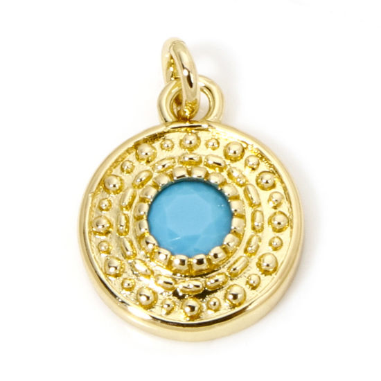 Image de 1 Pièce Breloques en Laiton Respectueux de la Nature Rond Plaqué Or Véritable 18K Motif Sculpté à Zircone Cubique Bleu 15mm x 10.5mm