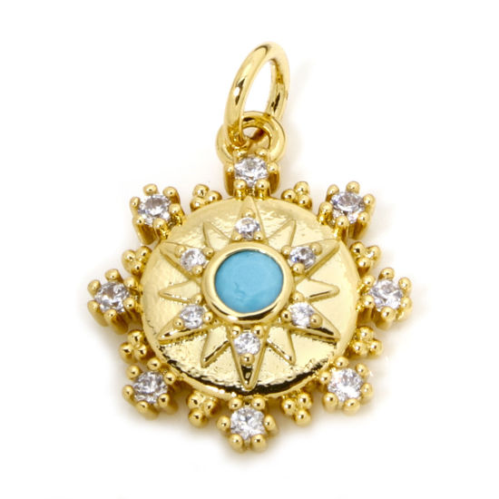 Image de 1 Pièce Breloques Galaxie en Laiton Respectueux de la Nature Rond Plaqué Or Véritable 18K Soleil Micro Pave à Zircone Cubique Clair & Bleu 20mm x 14mm