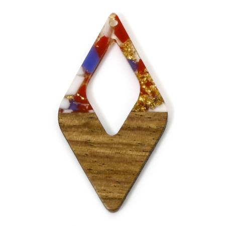 Image de 2 Pcs Pendentifs Résine à Effet de Bois Naturel en Résine & Bois Naturel Violet Losange Copeaux de Graviers 4.8cm x 2.6cm