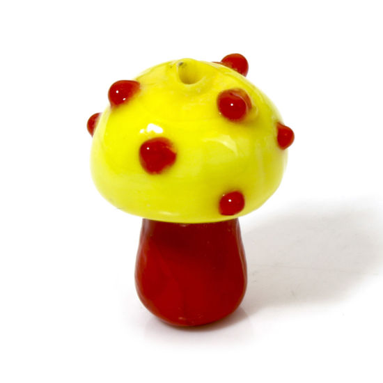 Picture of 5 PCs Lampwork Glass Flora Collection Beads For DIY Jewelry Making Mushroom Red Dot 3D About 16mm x 12mm, Hole: Approx 1.4mm