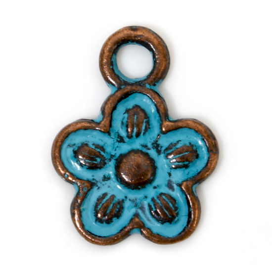 Picture of 100 PCs Zinc Based Alloy Charms Antique Copper Blue Flower Patina 14mm x 11mm