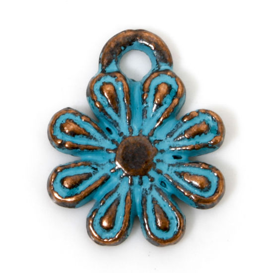 Picture of 100 PCs Zinc Based Alloy Charms Antique Copper Blue Flower Patina 14mm x 11mm