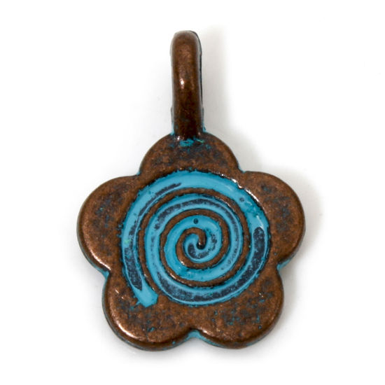 Picture of 100 PCs Zinc Based Alloy Charms Antique Copper Blue Flower Spiral Patina 15mm x 11mm