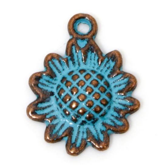 Picture of 100 PCs Zinc Based Alloy Charms Antique Copper Blue Sunflower Patina 16mm x 12mm