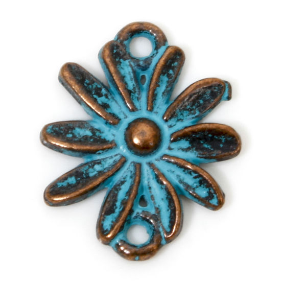 Picture of 100 PCs Zinc Based Alloy Connectors Charms Pendants Antique Copper Blue Flower Patina 16mm x 13mm