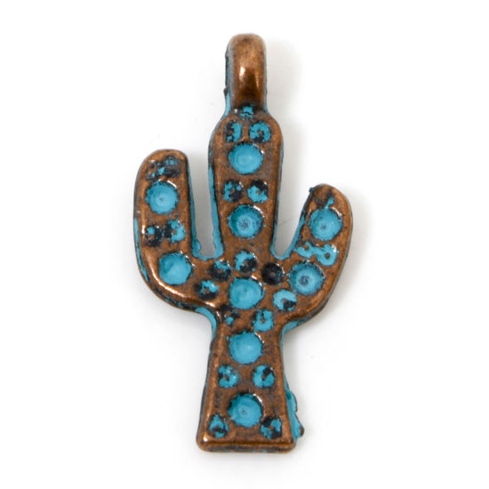 Picture of 100 PCs Zinc Based Alloy Charms Antique Copper Blue Cactus Patina 20mm x 10mm