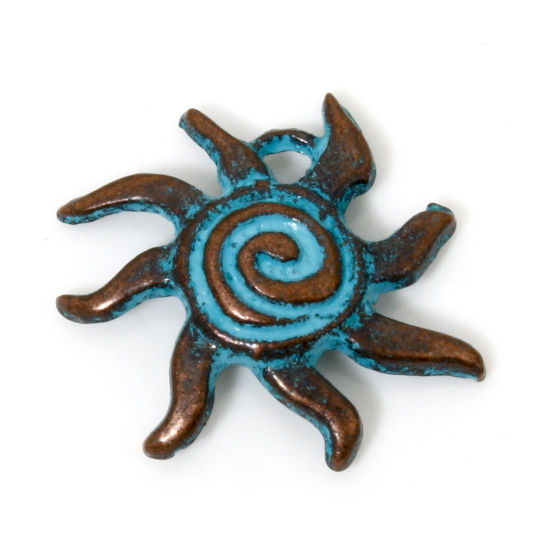 Picture of 100 PCs Zinc Based Alloy Galaxy Charms Antique Copper Blue Sun Spiral Patina 18mm x 17mm