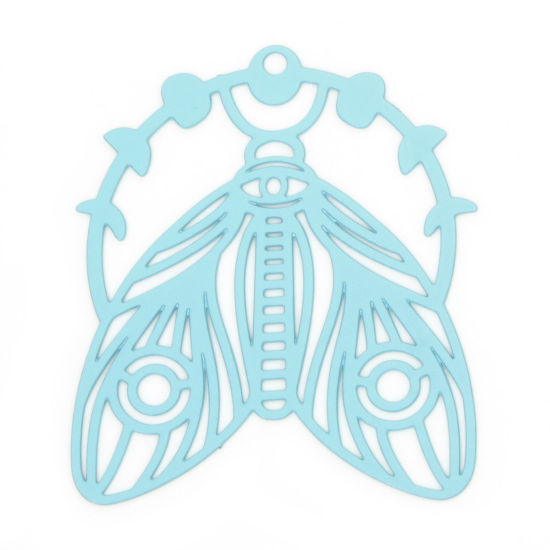 Picture of 10 PCs Iron Based Alloy Filigree Stamping Pendants Blue Moth Moon Phases Hollow 3.9cm x 3.3cm