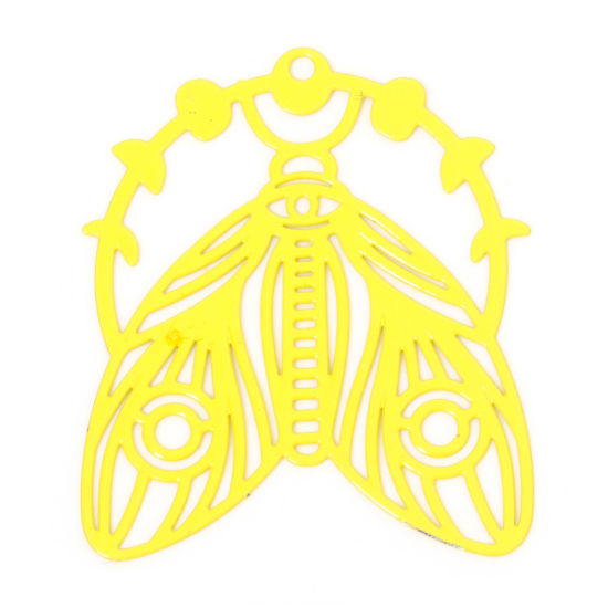 Picture of 10 PCs Iron Based Alloy Filigree Stamping Pendants Yellow Moth Moon Phases Hollow 3.9cm x 3.3cm