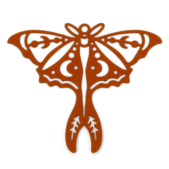 Picture of 10 PCs Iron Based Alloy Filigree Stamping Pendants Dark Orange Moth Moon Phases Hollow 4.1cm x 3.5cm