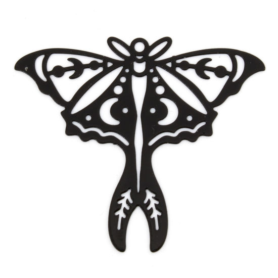 Picture of 10 PCs Iron Based Alloy Filigree Stamping Pendants Black Moth Moon Phases Hollow 4.1cm x 3.5cm