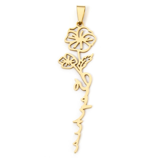 Изображение 1 ШТ вакуумное покрытие 201 Нержавеющая Сталь февраль Месяц рождения цветок Подвески Позолоченный Цветок первоцвета ажурная резьба 5.9см x 1.5см