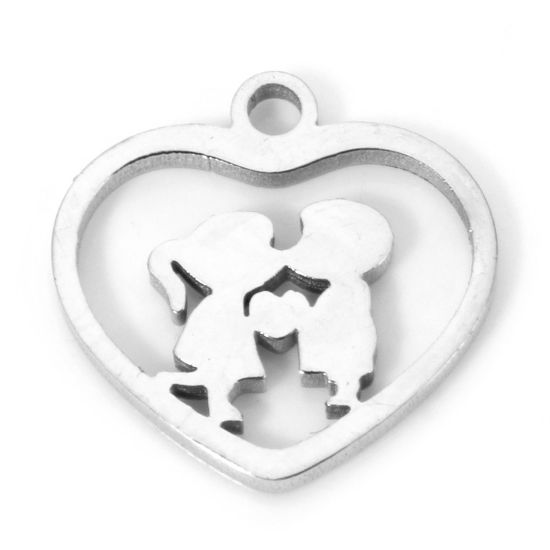 Picture of 2 PCs 304 Stainless Steel Cut Out Charms Silver Tone Heart Lovers Double-sided Polishing 13mm x 12.5mm