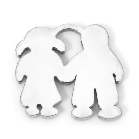 Picture of 2 PCs 304 Stainless Steel Cut Out Charms Silver Tone Lovers Double-sided Polishing 13mm x 12mm