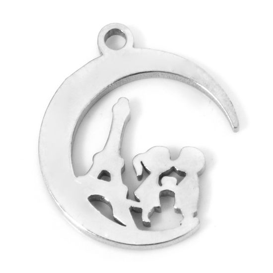 Picture of 2 PCs 304 Stainless Steel Cut Out Charms Silver Tone Half Moon Lovers Double-sided Polishing 16mm x 14mm