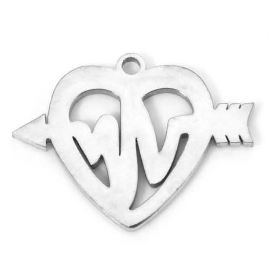 Picture of 2 PCs 304 Stainless Steel Cut Out Charms Silver Tone Heart Medical Heartbeat/ Electrocardiogram Double-sided Polishing 20mm x 15mm