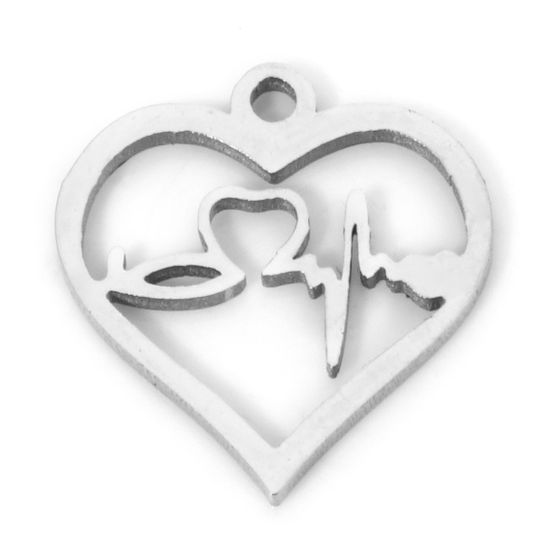 Picture of 2 PCs 304 Stainless Steel Cut Out Charms Silver Tone Heart Medical Heartbeat/ Electrocardiogram Double-sided Polishing 13.5mm x 13mm