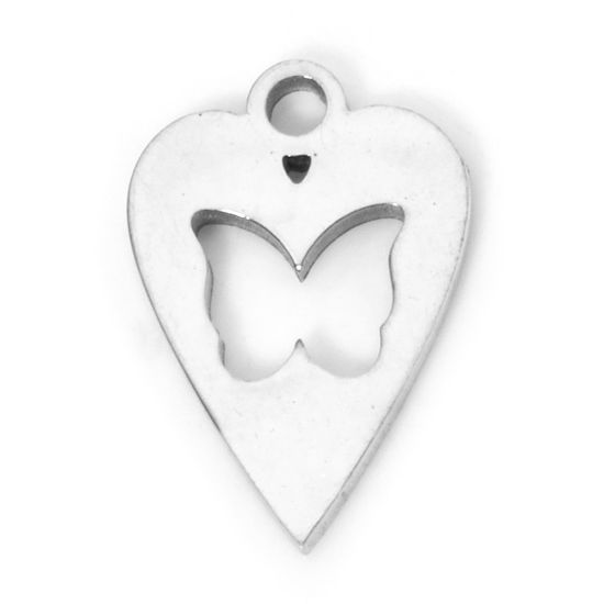 Picture of 2 PCs 304 Stainless Steel Cut Out Charms Silver Tone Heart Butterfly Double-sided Polishing 12mm x 8.5mm