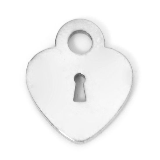 Picture of 2 PCs 304 Stainless Steel Cut Out Charms Silver Tone Heart Lock Double-sided Polishing 13mm x 11mm